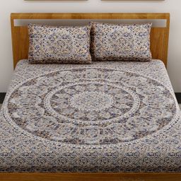 UniqChoice Color 100 Percent Cotton Jaipuri Traditonal Double BedSheet With 2 Pillow Cover - Blue-22