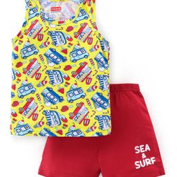 Babyhug 100% Cotton Single Jersey Sleeveless Sando Shorts Set With Cars & Text Print - Multicolour-image-40