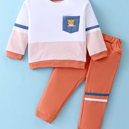 ToffyHouse 100% Knitted Cotton Full Sleeves Color Block Winter Wear Set With Stripes & Tiger Embroidery - White & Coral-image-81
