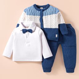 ToffyHouse Knitted Full Sleeves Winter Wear Color Block Sweater Cardigan & T-Shirt with Solid Joggers Set with Bow - Navy Blue & White-0