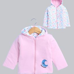 BUMZEE Cotton Full Sleeves Cloud Printed & Embroidered Hooded Reversible Jacket - Baby Pink & White-image-43