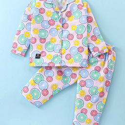 Enfance Core Cotton Woven Full Sleeves Orange & Stripes Printed Coordinating Night Suit Set - Pink-image-74