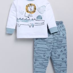 Snuggly MONKEY Single Jersey Knit Full Sleeves Wild Animals Printed Night Suit Set - White-image-57
