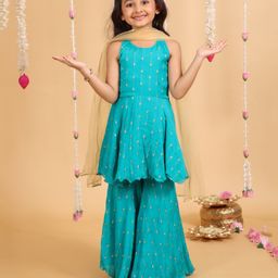 MASTARANG Sleeveless Ethnic Foil Printed Kurta With Coordinating Sharara & Dupatta Set - Aqua Blue-image-35