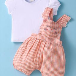 ToffyHouse Cotton Knit Half Puffed Sleeves Solid Top & Checkered Dungaree with Kitty Embroidery - Orange & White-image-72