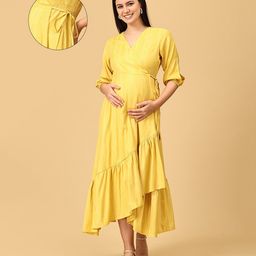 The Mom Store Cotton Blend Three Fourth Sleeves Abstract Printed Maternity Wrap Dress With Zipless Nursing Access - Yellow-picture-14