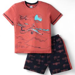 Taeko Single Jersey Knit Half Sleeves T-Shirt & Shorts Set With Airplane Print - Red-image-97