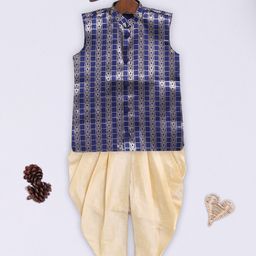 JBN Creation Silk Blend Sleeveless Ethnic Motif Foil Printed Kurta Dhoti Set - Navy Blue-image-91
