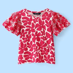 Pine Kids Cotton Knit Flutter Sleeves Top with Floral Design - Dark Pink-image-1