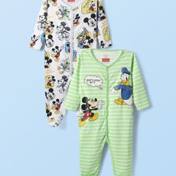 Babyhug Disney Interlock Knit Full Sleeves Footed Sleepsuit With Mickey Mouse & Family Graphics Pack Of 2 - White & Light Green-picture-12