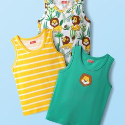 Babyhug 100% Cotton Single Jersey Knit Sleeveless Vest with Animal Print & Stripe Design Pack of 3 - Yellow Green & White-image-67