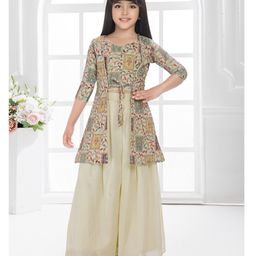 Betty By Tiny Kingdom Georgette Woven Floral Embroidered Sequins & Gota Lace Embellished Top & Palazzo With Three Fourth Sleeves Jacket Set - Cream-image-68