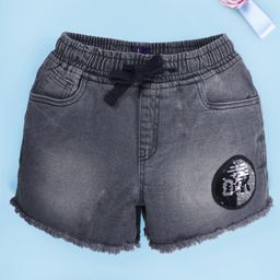 Kiddopanti Denim Woven Ok Text Shaped Reversible Sequins Embellished Mild Washed Shorts - Grey-image-11