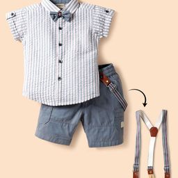 Dapper Dudes Half Sleeves Striped Shirt Shorts With Bow & Suspender Set - Grey-picture-12