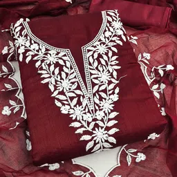 Maroosh Floral Embroidered Thread Work Chanderi Cotton Unstitched Dress Material-picture-2