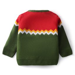 Babyhug Knitted Full Sleeves Sweater Set With Color Block Design - Dark Green & Orange image 3