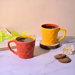 Storepedia Yellow & Red Handcrafted Textured Ceramic Glossy Cups Set of Cups and Mugs image 2