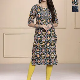 HERE&NOW Selection Of 3 Geometric Printed Round Neck Straight Kurtas-image-85