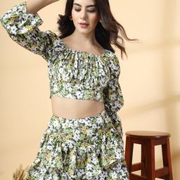 Oomph! Floral Print Bell Sleeve Crepe Blouson Crop Top-image-45