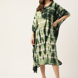 Maaesa Green & White Dyed Crepe Kaftan Midi Dress-image-14