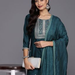 Libas Women Floral Yoke Design Regular Sequinned Kurta with Trousers  With Dupatta-14