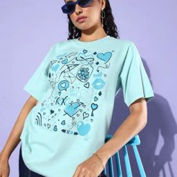 Dillinger Turquoise Cotton Graphic Oversized T-Shirt-image-32