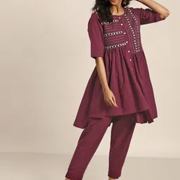 Sangria Women Burgundy Yoke Design Pure Cotton Asymmetric Kurta with Trousers-picture-48