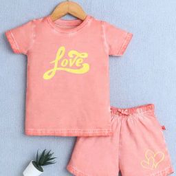 Bumzee Girls Peach Cotton Ombre T-Shirt with Short-image-103