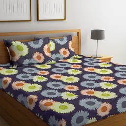 Home Sizzler Blue & Yellow Floral 144 TC Polyester 1 Queen Bedsheet with 2 Pillow Covers-image-96