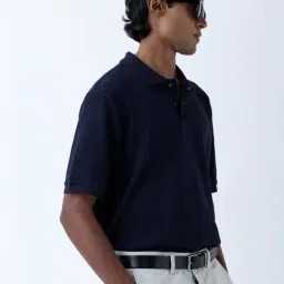 WES Casuals by Westside Navy Popcorn Textured Relaxed-Fit Polo T-Shirt-picture-49