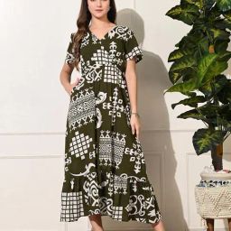 DECKEDUP Olive Cotton Printed A-Line Dress-image-69