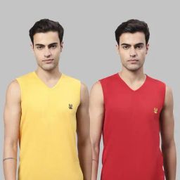 Vimal Jonney Yellow & Red Sleeveless Lounge T-Shirt - Pack of 2-image-87