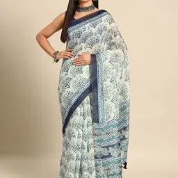 Silk Land Off-White & Blue Printed Saree With Unstitched Blouse-picture-35