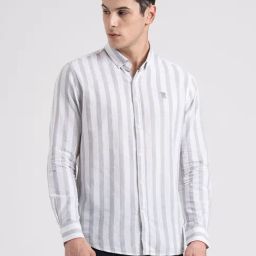 Red Tape Grey & White Cotton Loose Fit Striped Shirt-image-96