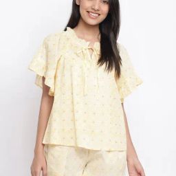 Fabindia Yellow Cotton Printed Top Shorts Set-image-91