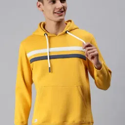 SHOWOFF Yellow Cotton Slim Fit Striped Hooded SweatShirt-image-32