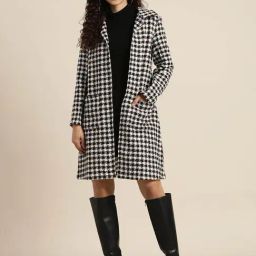Qurvii Black & White Wool Check Long Jacket-image-14