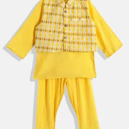 READIPRINT FASHIONS Kids Yellow Printed Full Sleeves Kurta, Nehru Jacket with Pyjamas-image-63