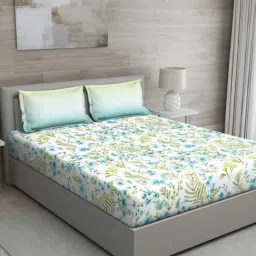 GM 'Matthiola' Green & Blue Cotton 150 TC Double Bedsheet with 2 Pillow Covers-image-85