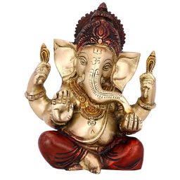 CraftVatika Gold-Toned & Red Handcrafted Blessing Brass Ganesh Idol-image-77