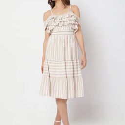 Vero Moda Beige Striped Fit & Flare Dress-image-42