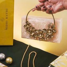 NR by Nidhi Rathi Beige Metal Embellished Clutch-image-95