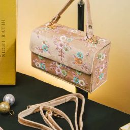 NR by Nidhi Rathi Beige Suede Embellished Clutch-image-94