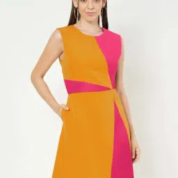 Brinns Mustard & Pink Regular Fit Color-Block Dress-image-60