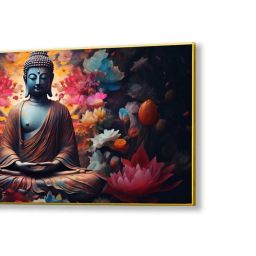 Nestroots Multicolor Canvas Buddha Surrounded By Lotus Flowers Wall Painting - White Floating Frame image 3