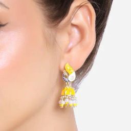 Zaveri Pearls Yellow & Blue Peacock Enamel Ethnic Style Jhumki Earring-ZPFK16465-25