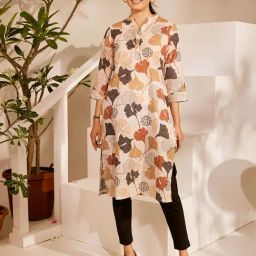 Daali Beige Schiffli Mandarin Collar 3/4 Sleeves Kurta with Two Pockets-image-4