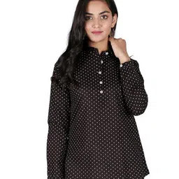 SUTI Women Black Print Mandarin Collar Shirt Style Pure Cotton Top-image-44