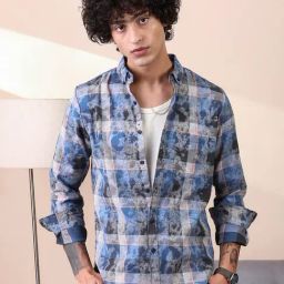 Campus Sutra Indigo Blue Faded-Plaid Regular Shirt-picture-32