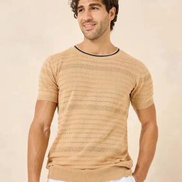 Styli Beige Slim Fit Self Design Cotton Crew T-Shirt-picture-21